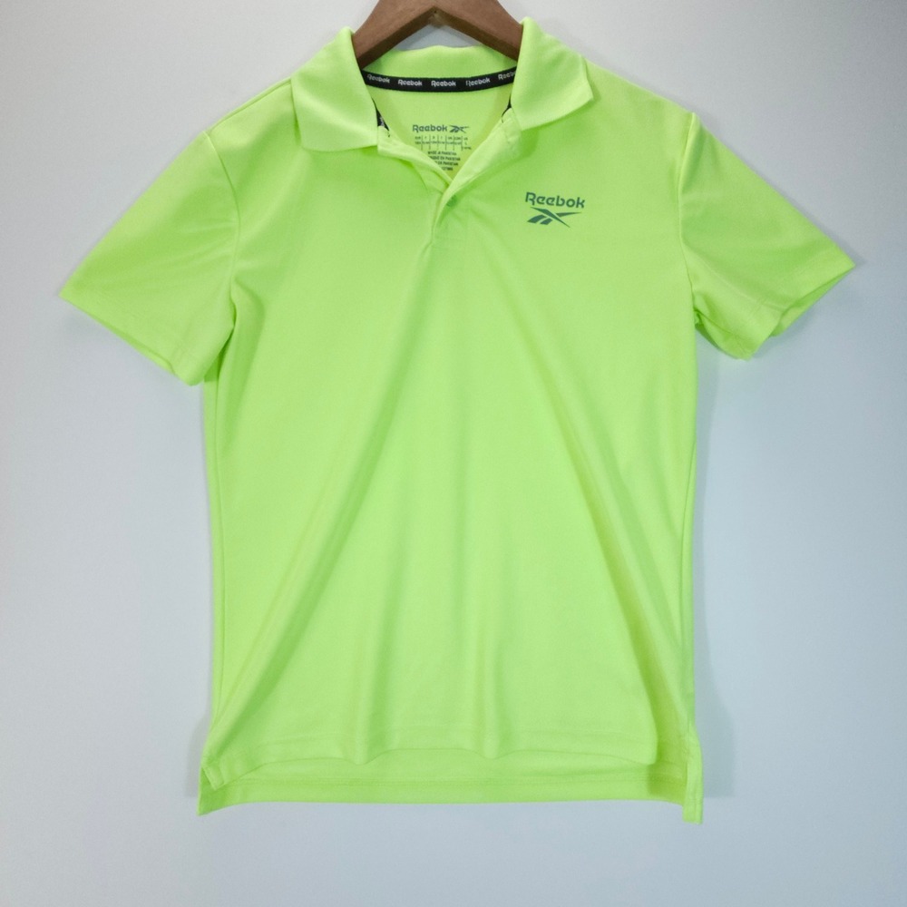 Reebok Polo Shirt Women L Neon Green Streetwear Performance Short Sleeve Logo
